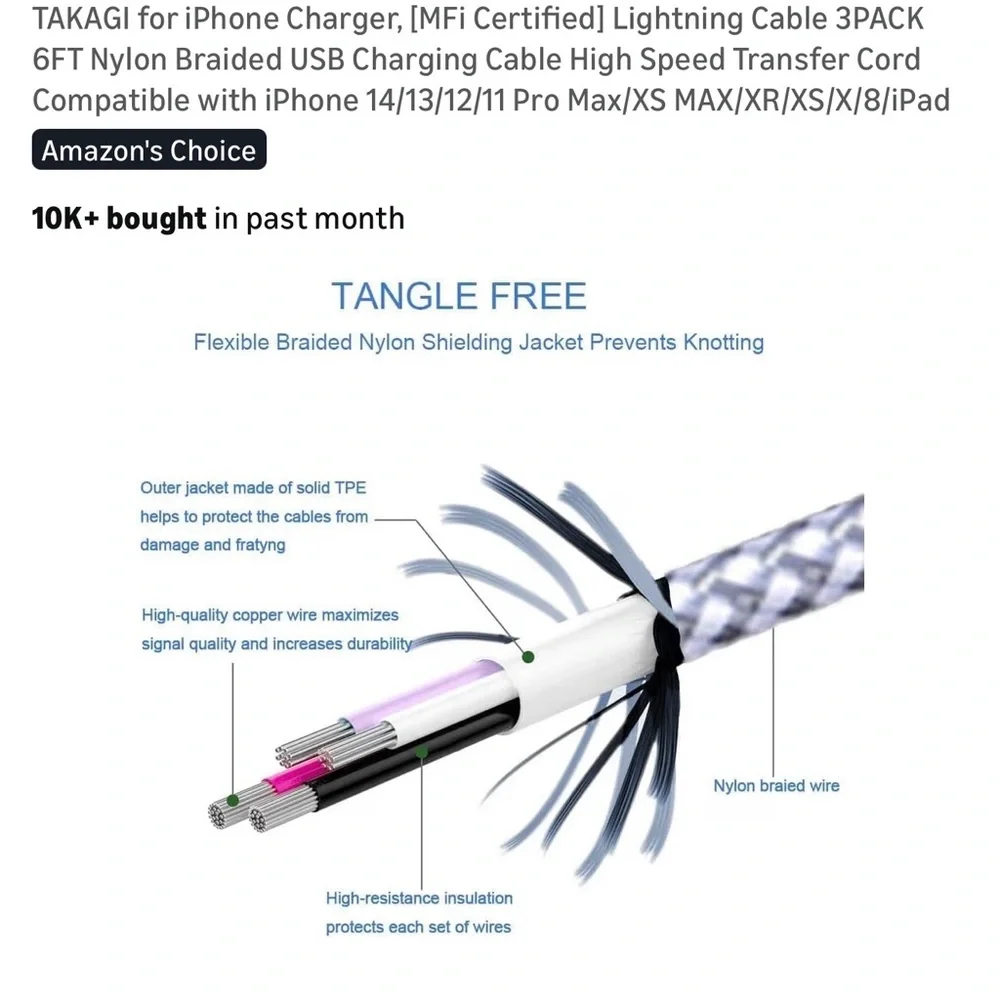 TAKAGI 6ft Silver Braided Lightning Cable 1-Pack, iPhone Charger